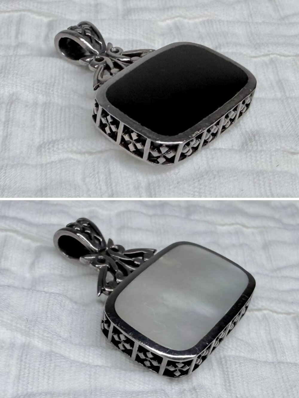 Sterling Silver Rounded Rectangular Reversible Onyx Mother Pearl Pendant
